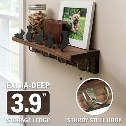 Solid Walnut Dog Leash Holder for Wall, Custom Dog Metal Silhouette Key Hanger & Top Shelf for Entryway Storage, Heavy Duty Pet Collar Rack, 15.8 Inch (Yorkshire Terrier)
