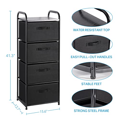 MAX Houser 4 Drawer Fabric Dresser Tall Storage Tower, Dresser Chest with Wood Top, Vertical Nightstand Side Organizer Unit with Metal Frame for Closets Bedroom Nursery Room Hallway(Black) - color: Black3