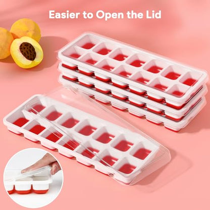 Ice Cube Trays 4 Pack, Airabc Silicone Ice Cube Trays with Removable Lid, Easy-Release Flexible 14-cube Ice Trays, LFGB Certified and BPA Free, Stackable Ice Trays with Covers for Cocktail, Freezer - color: Red