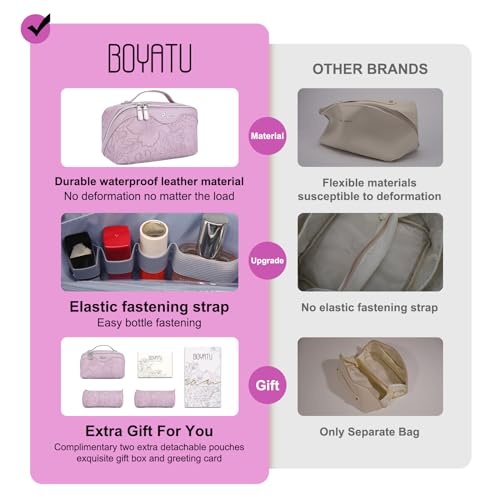 BOYATU Travel Makeup Bags Cosmetic Organizer Bag: 3-Set Large Capacity Make up Bag - PU Leather Toiletry Bags for Women - Wide Open Portable Pouch with Divider & Handle (01-Z-Light Purple) - color: 01-Z-Light Purple