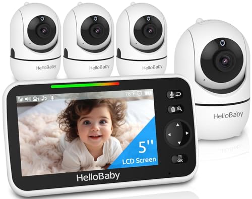 HelloBaby 5" Screen Baby Monitor with 4 Cameras - No WiFi HB6550 Video Baby Monitor, Pan-Tilt-Zoom, 26 Hour Battery, ECO, Night Vision, Temperature Sensor & 2-Way Audio, 8 Lullabies, 1000ft Long Range - size: 4 Cams-HB6550