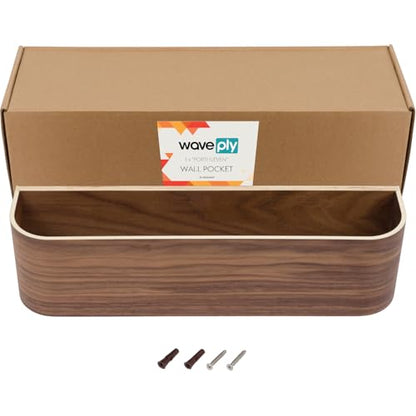 Wooden Wall Mounted Display Caddy, Floating Shelf Organizer Rack, Wood Wall Pocket, Storage Basket Bin 17.7” Wide (Walnut)