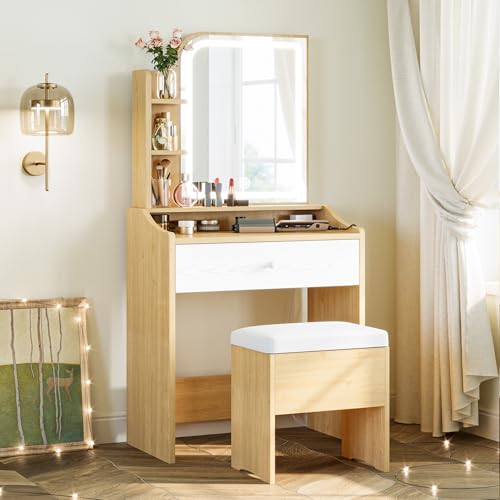 LIKIMIO Small Makeup Vanity Desk with Mirror and Lights, Vanity Table Set with Storage Drawer, Chair and Three Shelves, Bedroom, Wood - color: Wood