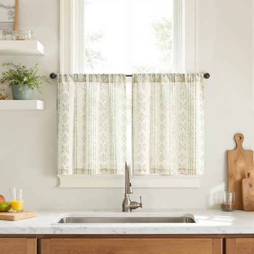 jinchan Boho Kitchen Curtains Linen Tier Curtains 20 Inch Bohemian Cafe Style Farmhouse Natural Striped Half Window Treatment for Bathroom RV Vintage Small Window 2 Panels Green on Beige - color: Boho Green on Beige, size: 26"W x 20"L (Pack of 2)
