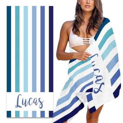 Personalized Beach Towel with Name Custom Microfiber Kids Beach Towels Sand Free Quick Dry Pool Towel Stripes Print Beach Towels for Adults 30x60 Inch - color: Multi-color 25