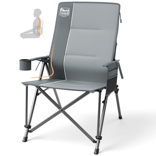 Timber Ridge Oversized Camping Chair with Lumbar Support, Portable Folding Chair Heavy Duty for Adults Supports 450 LBS for Outdoor Camping Lawn, with High Back, Cup Holder, Side Pocket, Grey - color: Grey