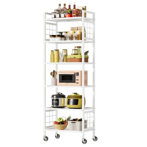GIOTORENT 6-Wire Standing Storage Shelf with Wheels, Mobile Metal Shelving Unit for Bathroom Organizers & Laundry Room, Kitchen Pantry Rack, Heavy Duty Utility Shelf, White - color: White, size: 12.7D x 16.9W x 66.5H (6Tier-with-wheel)