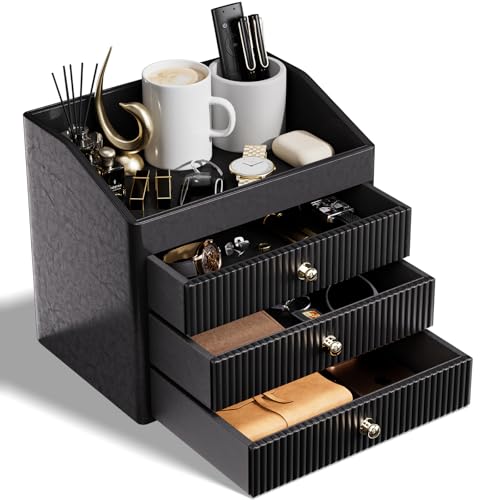 LADSTAG Desk Organizers and Accessories,Black Vegan Leather Desktop Organizer with 3 Drawers & Tray for Bedroom,Bathroom,Lipstick,Nail Polish,Skincare,Perfume,Jewelry Box - color: Black, size: 4 layers