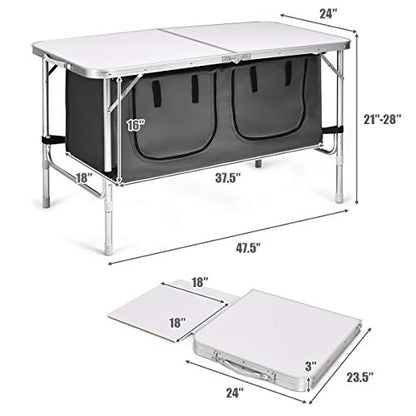 Goplus Folding Camping Table with Storage, Aluminum Outdoor Camp Table with 2-Level Adjustable Height, Lightweight Portable Foldable Picnic Table for Tailgating Beach BBQ Party RV