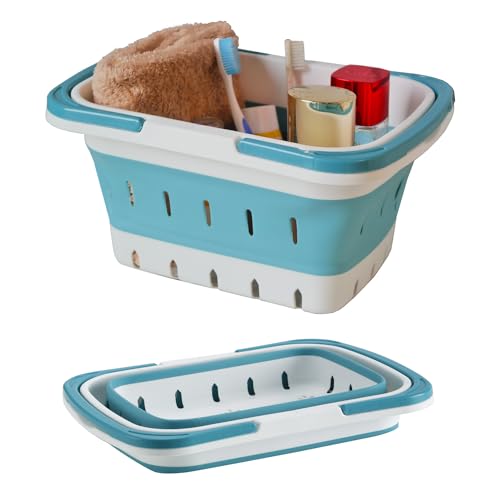 Portable Folding Plastic Bath Caddy with Handle, Perforated, Travel Bathroom Organizer for Bedroom, Bathroom, Shower, Dorm Room, Camping and RV Use (Blue, 1 pack) - color: Blue, size: 1 pack