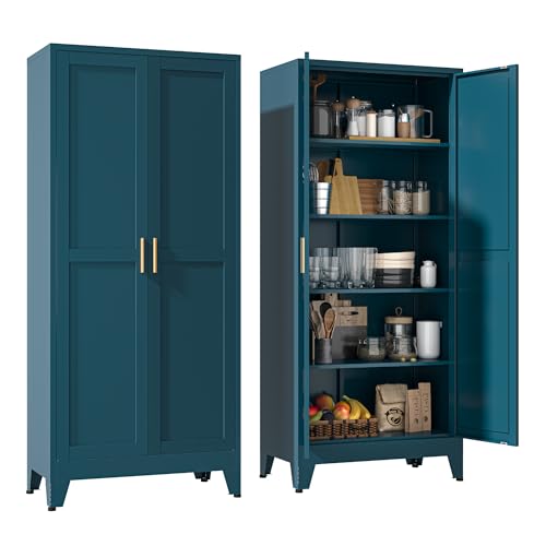 YAUWOH 71''Metal Cabinet with 4 Adjustable Shelves,5-Tier Pantry Storage Cabinet,Kitchen Pantry Cabinet for Living Room,Dining Room, (1PC,Blue) - color: Blue, size: 71"H-2 Doors