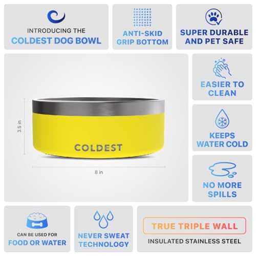 Coldest Dog Bowl - Anti Rust Metal, Non Slip, 3 Layers Insulated Stainless Steel Dog Bowls - Spill Proof & Heavy Duty - Water Bowl for Dogs, Cats & Pets, Dish Washer Safe (64 oz, Solar Yellow) - color: Solar Yellow, size: 64 oz