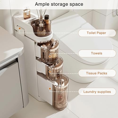 VECELO 3-Tier Slim Bathroom Storage Cabinet with Wheels, Skinny Bathroom Storage Cabinet with Drawers, Toilet Paper Holder, Movable Narrow Floor Cabinet for Small Space, Bathroom - size: 16.14" x 6.69" x 28.94"