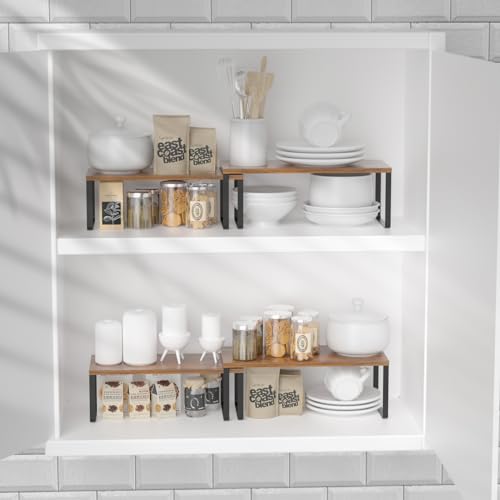 NEX Kitchen Cabinet and Counter Shelf Organizer, Stackable & Expandable, Set of 4, Black and Rustic Brown - 7.7 x 15.6 x 6.2'' - color: Black + Rustic Brown, size: 15.6''W