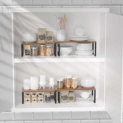 NEX Kitchen Cabinet and Counter Shelf Organizer, Stackable & Expandable, Set of 4, Black and Rustic Brown - 7.7 x 15.6 x 6.2'' - color: Black + Rustic Brown, size: 15.6''W