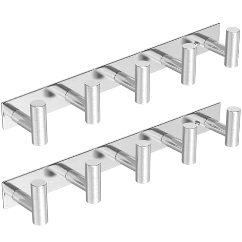 HUFEEOH Coat Hooks Wall Mount, 2 Pack T Shaped 5 Hooks Stainless Steel Wall Hooks Silver Towel Rack for Hanging, Heavy Duty Key Holder Hat Rack Used for Bathroom - color: Silver, size: 2 Pack "T" shape 5 hooks