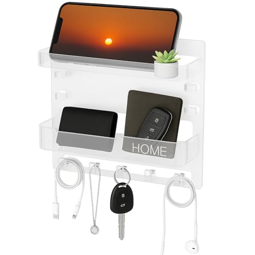 Bedside Wall Shelf Organizer with 5 Hooks & Cable Clips, Plastic Adhesive Wall Mount Storage Rack for Phone, Remote, Earphones, Kindle, Bedroom, Dorm, RV (Clear) - color: Clear