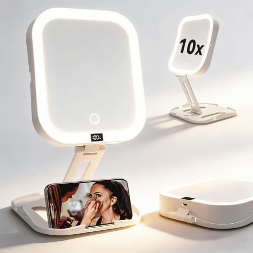 Makeup Mirror with Lights 10X/1X, Magnifying Mirror with 3 Color Modes & Stepless Dimming, Rechargeable Travel Mirror with Smart Battery Display & Touch Control, Type-C Portable Folding for Women Gift - color: White