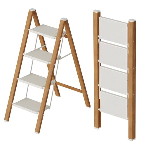 Mayi Plus 4 Step Lightweight Aluminum Folding Ladder, Portable Step Stool with Anti-Slip Pedals, 330 lbs Capacity for Home, Office, Kitchen（White&Woodgrain） - color: White&woodgrain, size: 4 Step