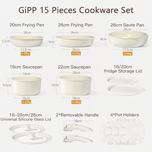 GiPP Ceramic Pots and Pans Set Non Stick, Nonstick Detachable Handle Cookware Sets, Healthy Non Toxic PFAS PFOA & PTFE Free, Dishwasher ＆Oven Safe, Induction Kitchen Pot and Pan, 15 Piece Cream - color: White, size: 15PCS 01