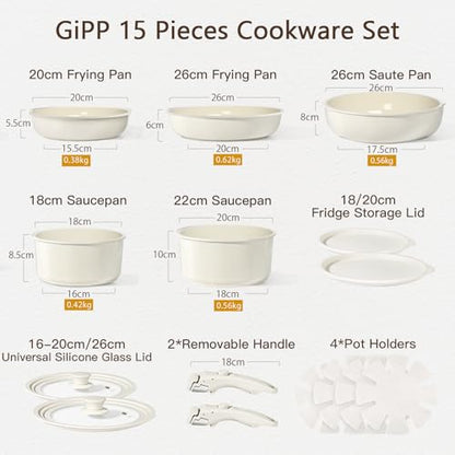 GiPP Ceramic Pots and Pans Set Non Stick, Nonstick Detachable Handle Cookware Sets, Healthy Non Toxic PFAS PFOA & PTFE Free, Dishwasher ＆Oven Safe, Induction Kitchen Pot and Pan, 15 Piece Cream - color: White, size: 15PCS 01