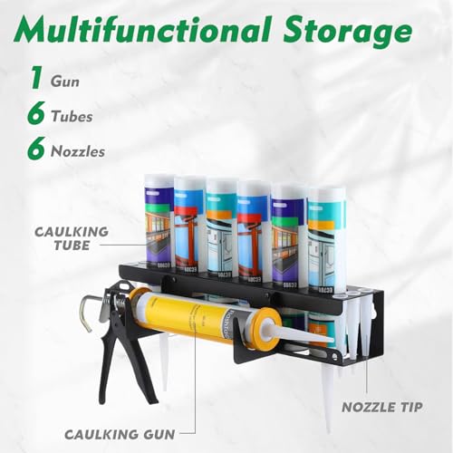 Wall-Mounted Caulking Gun Holder,6-Hole Caulk Gun & Tube Rack,Sealant Organizer with Horizontal Base,Work Truck Van Storage Organizer,Holds Caulk Gun, Sealant Tubes & Nozzles (16.54x4.33x4.33 Inches)