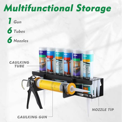 Wall-Mounted Caulking Gun Holder,6-Hole Caulk Gun & Tube Rack,Sealant Organizer with Horizontal Base,Work Truck Van Storage Organizer,Holds Caulk Gun, Sealant Tubes & Nozzles (16.54x4.33x4.33 Inches)