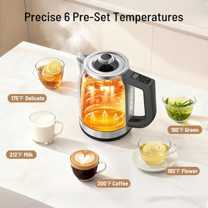 1.7L Electric Glass Kettle with Variable Temperature Control, 1500W Fast Heating Water Boiler, 13 Temperature Presets, Keep Warm Function, Auto Shut-Off Safety Protection, LED Touch Panel, 120V