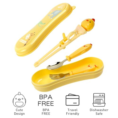 Toddler Utensils Stainless Steel Kids Silverware Set with Kids Spoons and Forks Set and Kids Chopsticks for Self Feeding Learning with Portable Case - color: Yellow