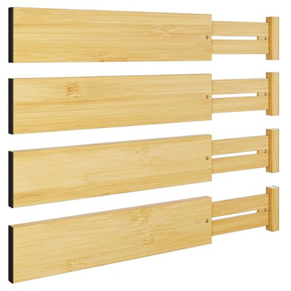 BAMEOS Bamboo Expandable Drawer Dividers – Fits 13.3"–19" Drawers, 3" Deep Walls, Set of 4 | Spring-Loaded Separator for Deep Kitchen & Bathroom Drawers, Prevents Items Falling Over - size: 3''H, 13.3''-19''L