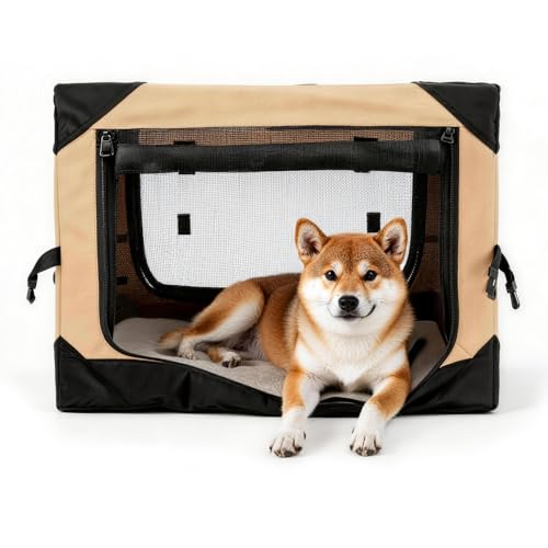 30 Inch Soft Collapsible Crate for Medium Dogs, 4-Door Portable Foldable Soft Kennel with Chew Proof Mesh Windows for Indoor & Outdoor Travel Beige - color: Beige, size: 30.0"L x 21.0"W x 21.0"H