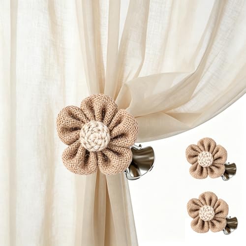 SRG Curtain Tiebacks for Curtains 2 Pack, Decorative Curtain Holdbacks for Drapes, Handmade Tie Backs No Drilling for Home Bedroom Window Decor – Jute Flower Brown - color: Jute Flower Brown