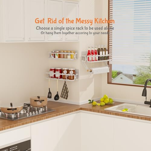 3 Pack Spice Rack Wall Mount, White | Paper Towel Holder and Hooks, Screw or Adhesive Hanging, Space Saving, For Stove, Cabinet, Pantry - color: White