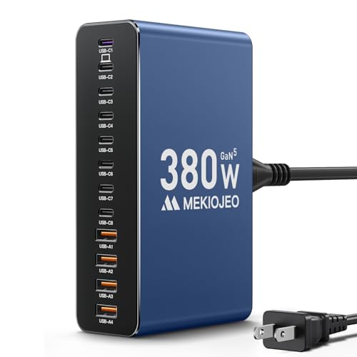 MEKIOJEO 12 Ports Aluminum Alloy 380W Charging Station Fast USB C Charger Block 65W Laptop GaN Charger for MacBook Pro/Air/iPad Pro/iPhone (Blue) - color: Blue
