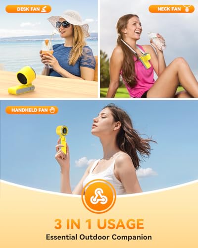 PlayHot Portable Handheld Turbo Fan, 5-Speed Personal Fan, USB-C Rechargeable Fan Up to 12 Hours, 3 IN 1 Hand Fan with Air Turbo Tech Cooling, Travel Fan for Cruise, Beach, Gifts for Women (Yellow) - color: Yellow