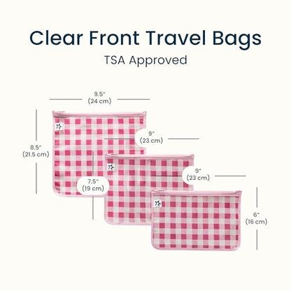Tiny Twinkle Diaper Bag Organizing Pouches|3 Pack Mess-Proof Clear Front Travel Organizer Bags&TSA Approved Toiletry Bag Set for Baby and Mom Essentials - color: Raspberry Gingham