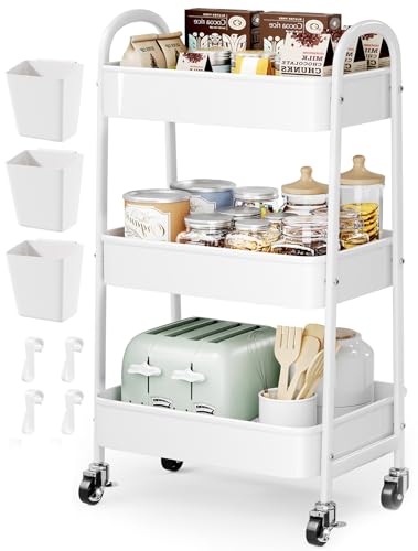 3 Tier Rolling Cart Metal with Wheels, Heavy Duty White Three Tiered Craft Cart Organizer on Wheels, Utility Roller Storage Carts for Art, Baby Nursery, Diaper Caddy, Snack,Book,Nail,Cleaning Supplies - color: Pure White