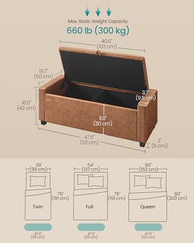 SONGMICS Storage Ottoman, Storage Chest Bench with Legs, End of Bed Bench with Safety Hinges, Pull Tab, for Living Room, Bedroom, 19.7 x 47.6 x 16.5 Inches, Synthetic Leather, Coffee Brown ULOM521KQ01 - color: Coffee Brown, style: Modern