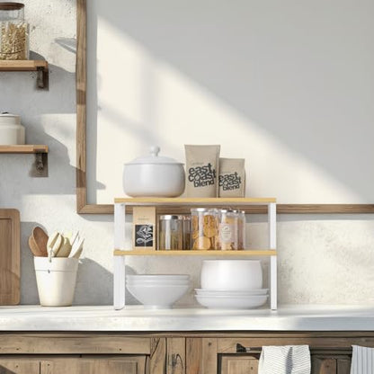 NEX Kitchen Cabinet and Counter Shelf Organizer, Stackable & Expandable, Set of 4, White and Natural - 7.7 x 15.6 x 6.2'' - color: Cloud White + Natural Beige, size: 15.6''W