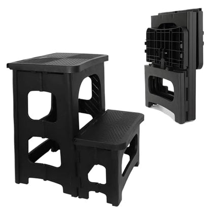 2-Step Folding Stool, Non-Slip Folding Step Stool Plastic Steps Ladder, Portable Bedside Step Stool, Hold up to 300 lbs, Lightweight & Foldable Step Ladder for Kitchen Toilet Office Home RV-Black