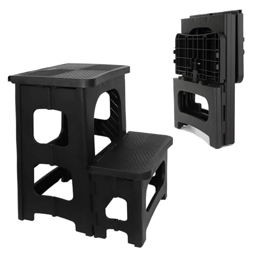 2-Step Folding Stool, Non-Slip Folding Step Stool Plastic Steps Ladder, Portable Bedside Step Stool, Hold up to 300 lbs, Lightweight & Foldable Step Ladder for Kitchen Toilet Office Home RV-Black
