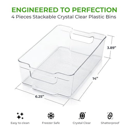 Zulay Kitchen 4 Pack Refrigerator Organizer Bins – Large Clear Fridge Storage Containers with Built-In Handles & Non-Slip Feet - Ideal Fridge Organizers, Kitchen Cabinets, Pantry Organization - size: L 14.75" x W 6.75"