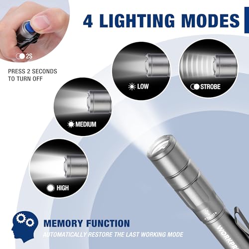 WORKPRO Rechargeable Pen Light, Mini Flashlight, 2 Pack Ultra-Compact EDC Flashlight, Pocket Flashlight with Clip, Memory Function and 2 x USB C Cable Included, Gray - color: Gray