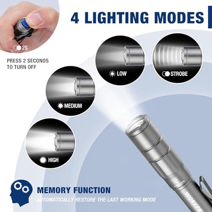 WORKPRO Rechargeable Pen Light, Mini Flashlight, 2 Pack Ultra-Compact EDC Flashlight, Pocket Flashlight with Clip, Memory Function and 2 x USB C Cable Included, Gray - color: Gray