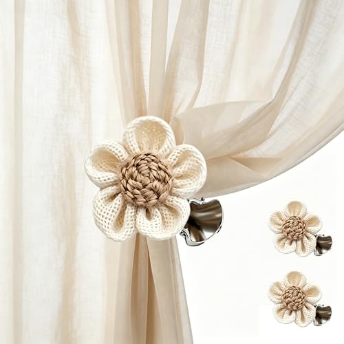 SRG Curtain Tiebacks for Curtains 2 Pack, Decorative Curtain Holdbacks for Drapes, Handmade Tie Backs No Drilling for Home Bedroom Window Decor – Jute Flower Beige - color: Jute Flower Beige
