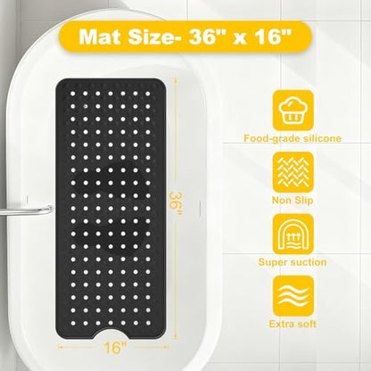 Silicone Bath Tub Mat Non Slip, 36"x16" Shower Foot Scrubber Mat with Drain Holes and Suction Cups, Upgraded Bathtub and Shower Mats, Machine Washable Bathtub Floor Liner Mats for Bathroom (Black) - color: Black