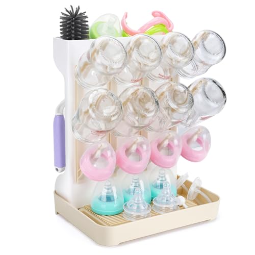 Baby Bottle Drying Rack: Space Saving Vertical Bottle Drying Holder with Brushes Holder - Large Bottle Storage Holder Organizer 12 Bottles & Baby Accessories,BPA-Free, Beige - color: Beige