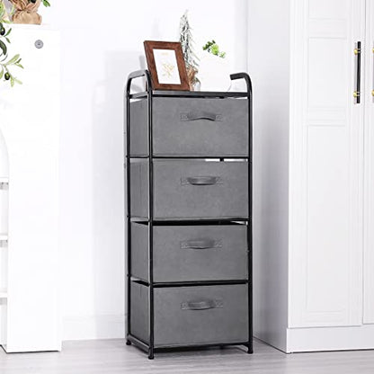MAX Houser 4 Drawer Fabric Dresser Tall Storage Tower, Dresser Chest with Wood Top, Vertical Nightstand Side Organizer Unit with Metal Frame for Closets Bedroom Nursery Room Hallway(Leaden) | , Dresser Chest with Wood Top, Vertical Nightstand Side Organiz