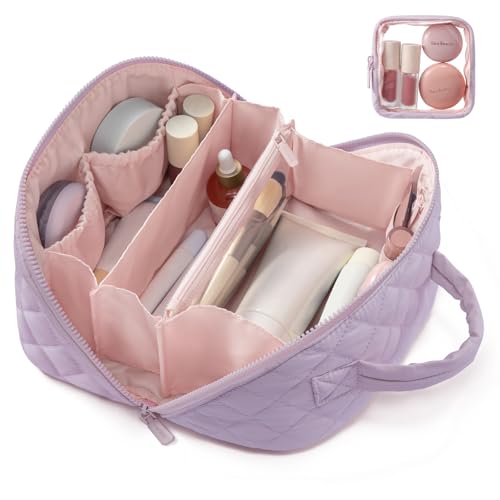 LOVEVOOK Travel Makeup Bag for Women, 2Pcs Puffer Waterproof Cosmetic Organizer, Large Capacity Pouch Open Flat Small Toiletry Bag with Brush Compartment & Handle (Purple, Medium) - color: Purple, size: Medium