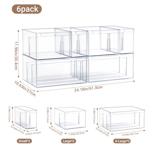 Clear Plastic Storage Bins with Dividers for Fridge Pantry Organizers and Storage Containers, 6 Pack Large Acrylic Stackable Sturdy Storage Boxes for Home Edit and Cabinet Organizers C6-4 - style: 2 Small+2 Large+2 Extra Large